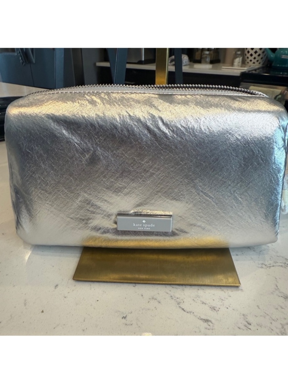 New Kate spade silver metallic makeup pouch with zipper top
